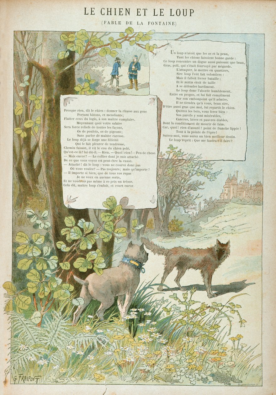 A kutya és a farkas, Jean de La Fontaine (1621-95) „Fables” című művéből (színes metszet) alkotó: Georges Fraipont