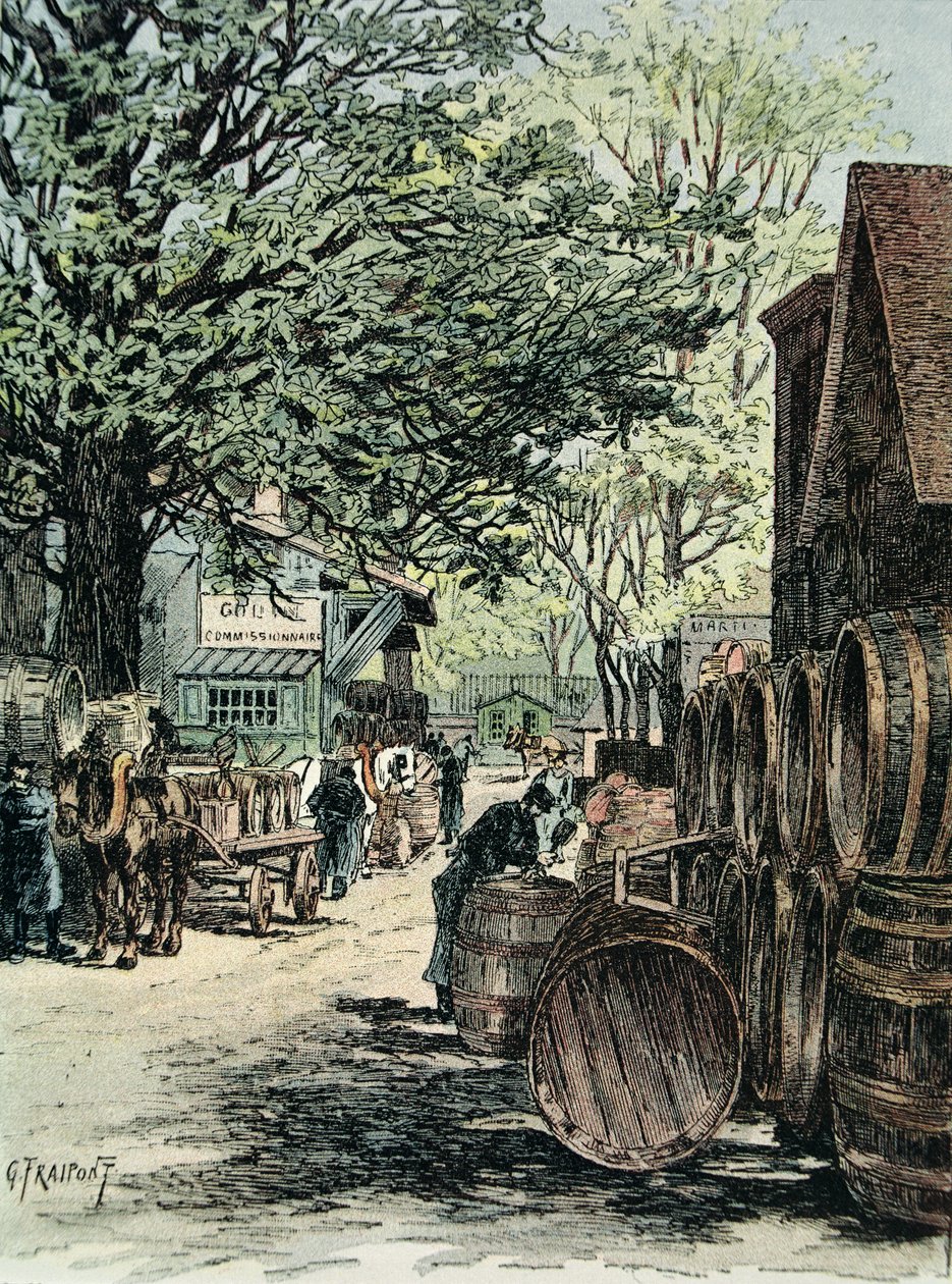 Borraktárak a párizsi Bercyben, 1890 (színes metszet) alkotó: Georges Fraipont