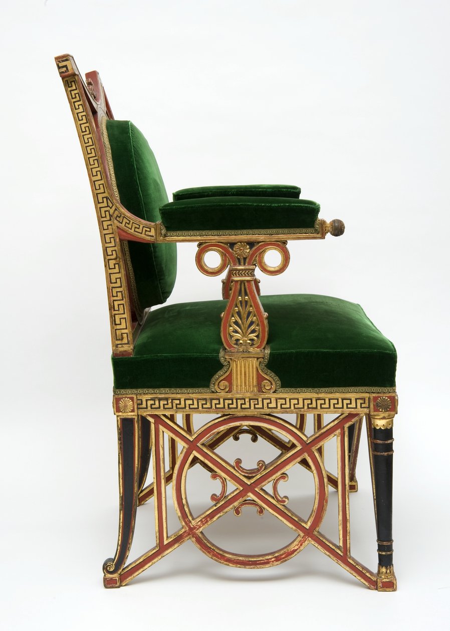 Fauteuil, 1785-90 körül (puhafa aranyozással és zöld bársony) alkotó: Georges Jacob