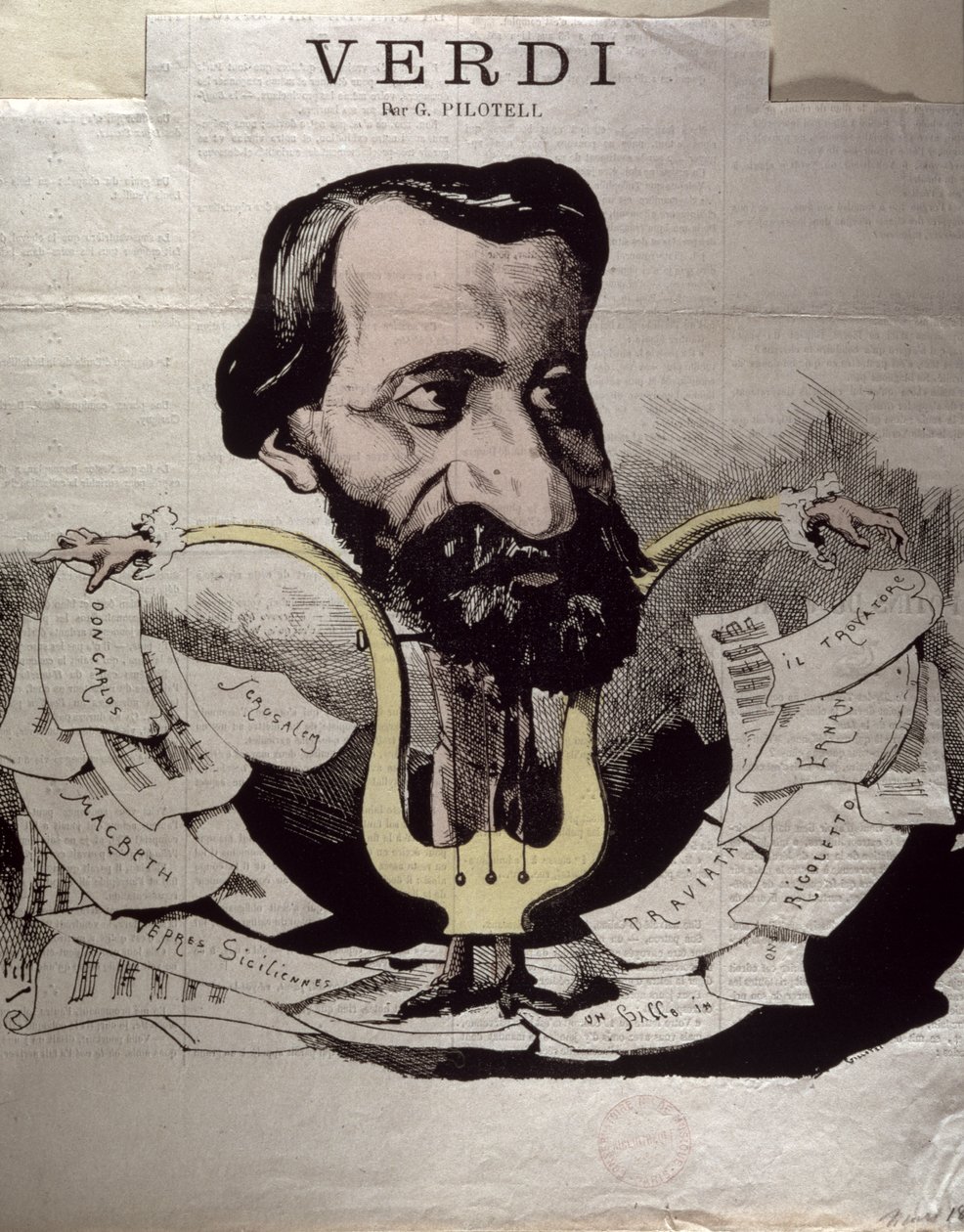 Giuseppe Verdi (1813-1901), karikatúra, 1860-as évek alkotó: Georges Labadie Pilotell