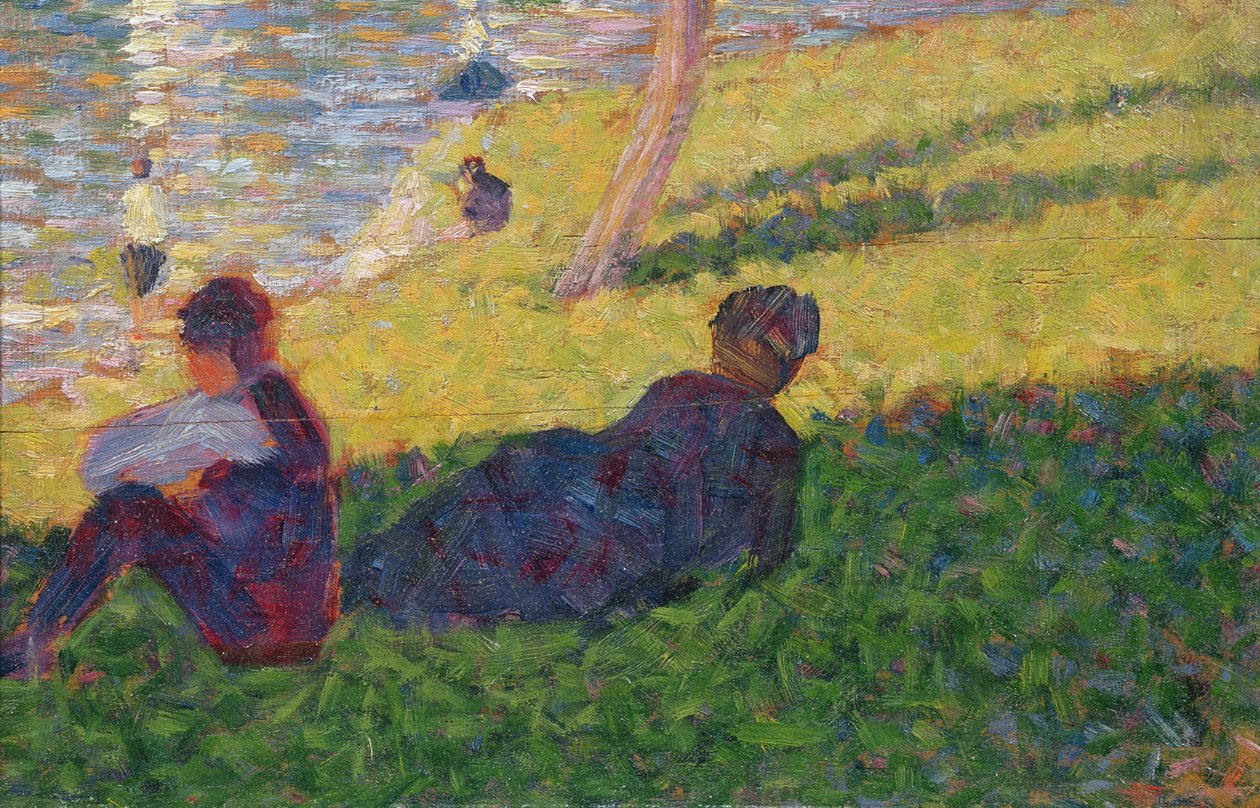 Ülő férfi és fekvő nő, egy vasárnap délutáni tanulmány La Grande Jatte szigetén, 1884 alkotó: Georges Seurat