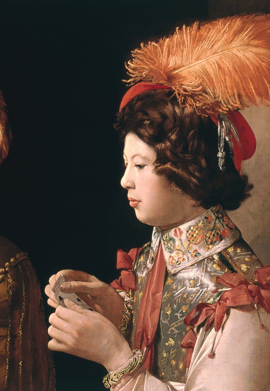 A csalás a gyémántok ászával, részlet, amely a férfi kártyajátékost ábrázolja tollas kalappal, 1635-40 körül (90053 részlet) alkotó: Georges de La Tour