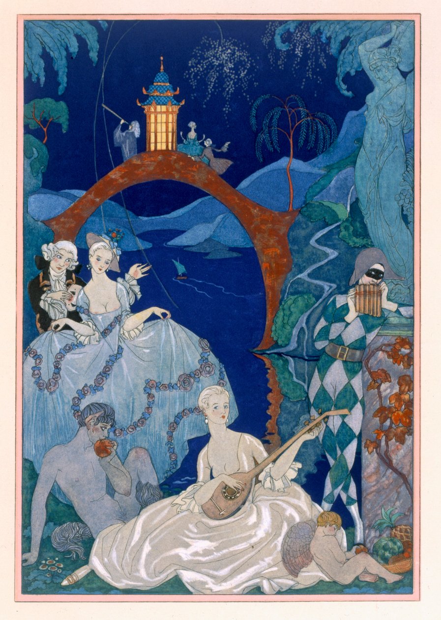 Ball Under the Blue Moon, Paul Verlaine (1844-96) „Fetes Galantes” című illusztrációja, 1928-ban megjelent (pochoir print) alkotó: Georges (after) Barbier