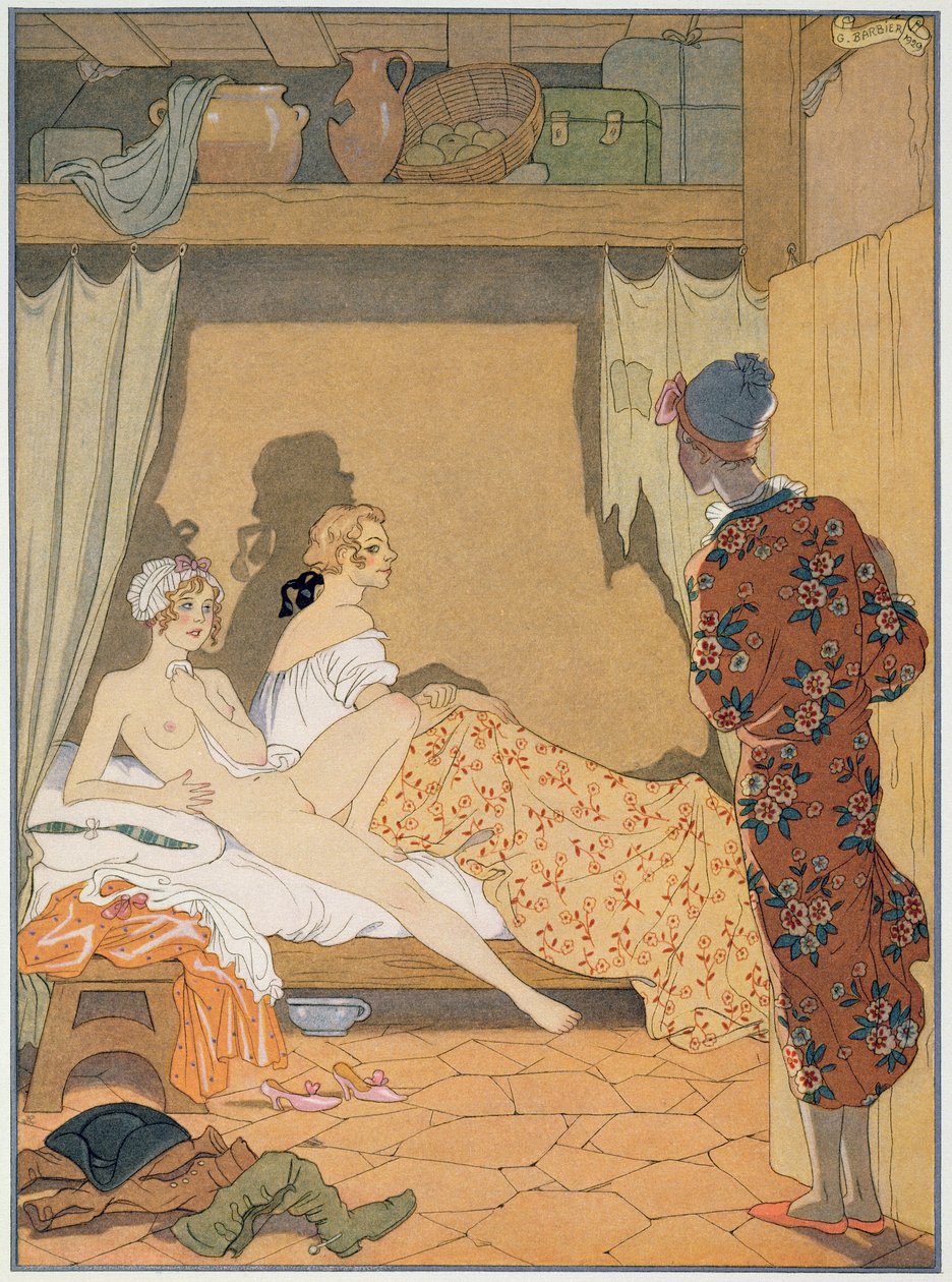 Hálószoba jelenet, Pierre Choderlos de Laclos (1741-1803) „Les Liaisons Dangereuses” illusztrációja, az 1920-as években megjelent (pochoir print) alkotó: Georges (after) Barbier