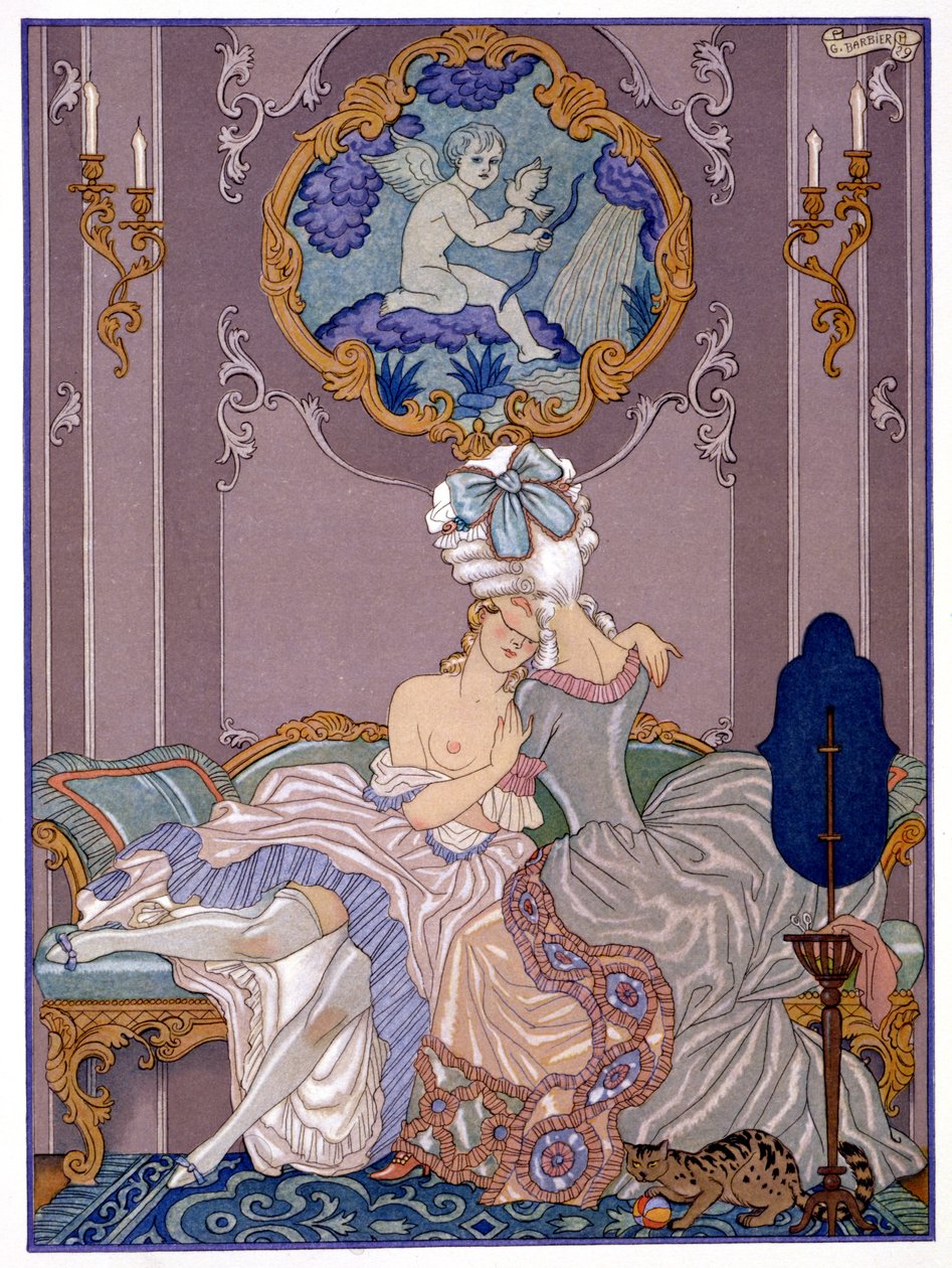 Hálószobás jelenet Pierre Choderlos de Laclos (1741-1803) „Les Liaisons Dangereuses” című művéből, amely az 1920-as években jelent meg (pochoir print) alkotó: Georges (after) Barbier