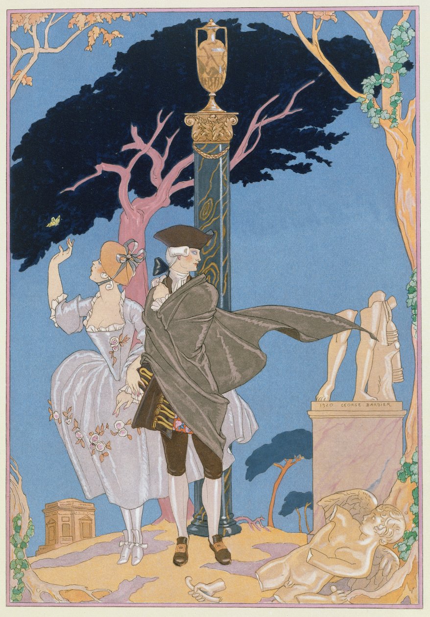 Megtört szívek, megtört szobrok, Paul Verlaine (1844-96) „Fetes Galantes” című illusztrációja, 1928-ban megjelent (pochoir print) alkotó: Georges (after) Barbier