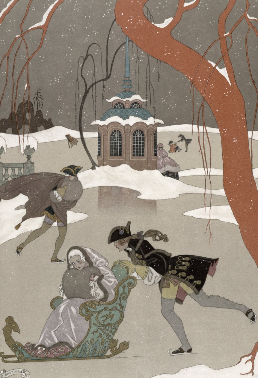Jégkorcsolya a befagyott tavon, Paul Verlaine (1844-96) „Fetes Galantes” című illusztrációja, 1928-ban megjelent (pochoir print) alkotó: Georges (after) Barbier