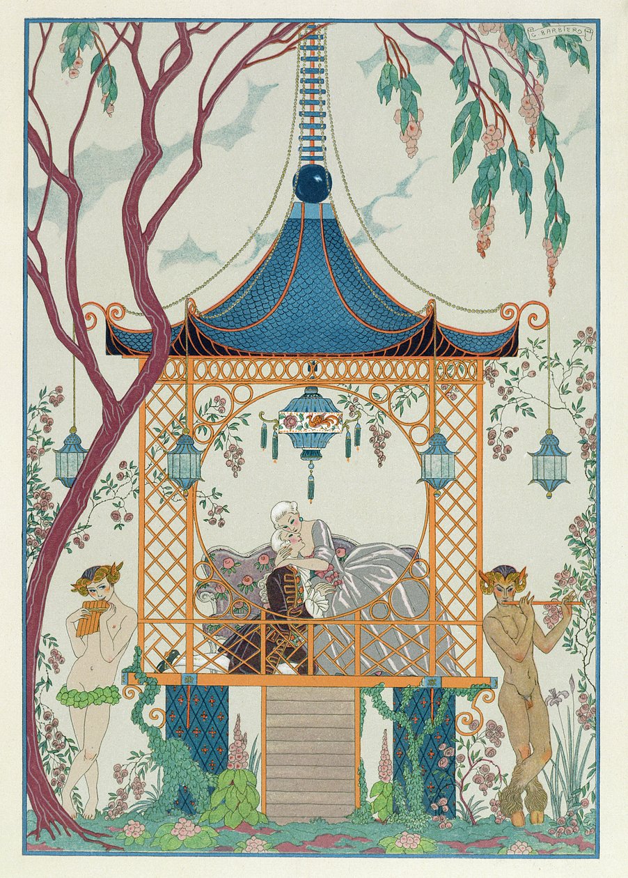 Illusztráció a „Fetes Galantes”-hoz, Paul Verlaine (1844-96) 1928-ban megjelent (stencilnyomat) alkotó: Georges (after) Barbier