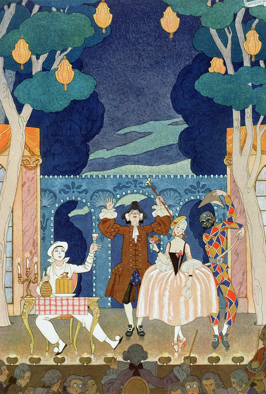 Pantomim színpad, Paul Verlaine (1844-96) „Fetes Galantes” című illusztrációja, 1924 (stencilnyomat) alkotó: Georges (after) Barbier