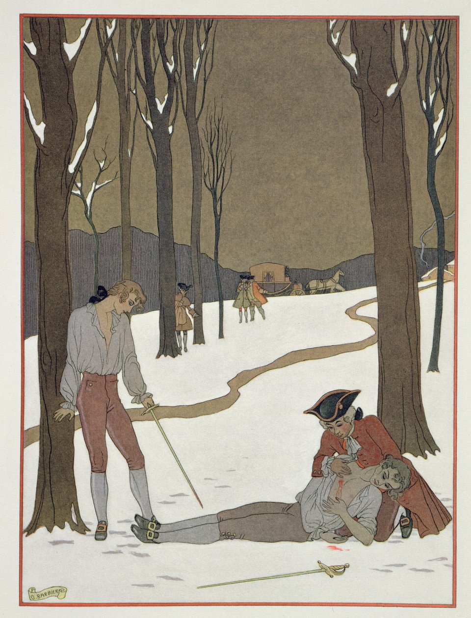A párbaj Valmont és Danceny között, Pierre Chodlerlos de Laclos (1741-1803) „Les Liaisons Dangereuses” című művéből, az 1920-as években megjelent illusztrációja (pochoir print) alkotó: Georges (after) Barbier