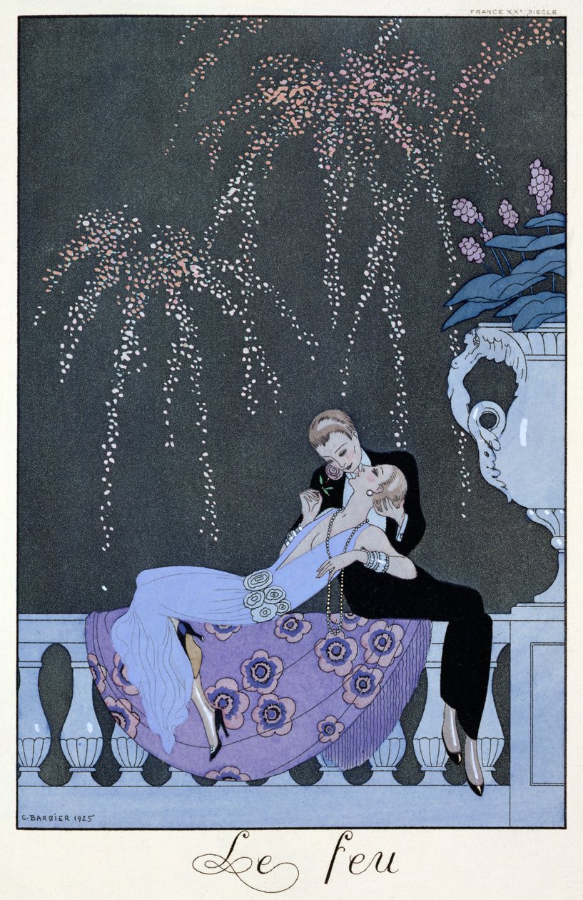 A tűz, Paul Verlaine (1844-96) „Fetes Galantes” illusztrációja, 1924 (stencilnyomat) alkotó: Georges (after) Barbier