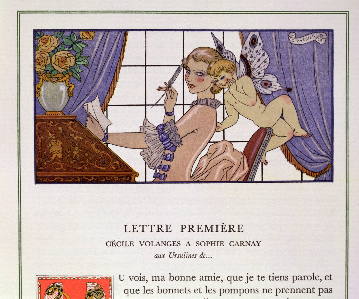 Az első levél, Pierre Choderlos de Laclos (1741-1803) „Les Liaisons Dangereuses” illusztrációja az 1920-as években (stencilnyomat) alkotó: Georges (after) Barbier