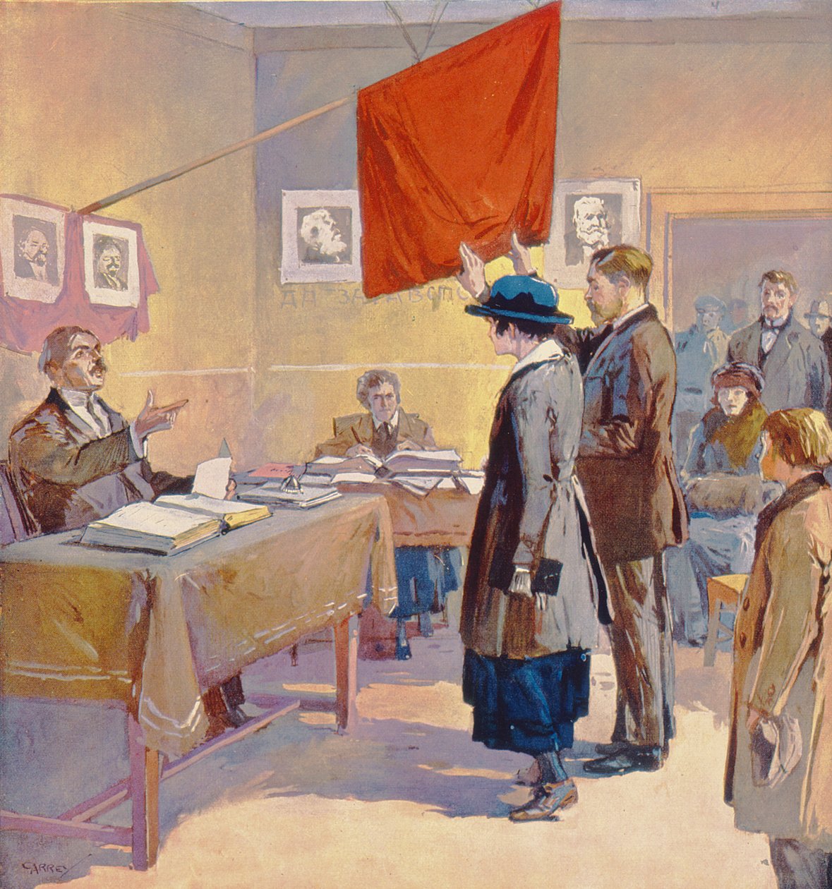 Polgári esküvő Oroszországban a forradalom idején, 1923 körül (színes litográfia) alkotó: Georges (after) Carrey
