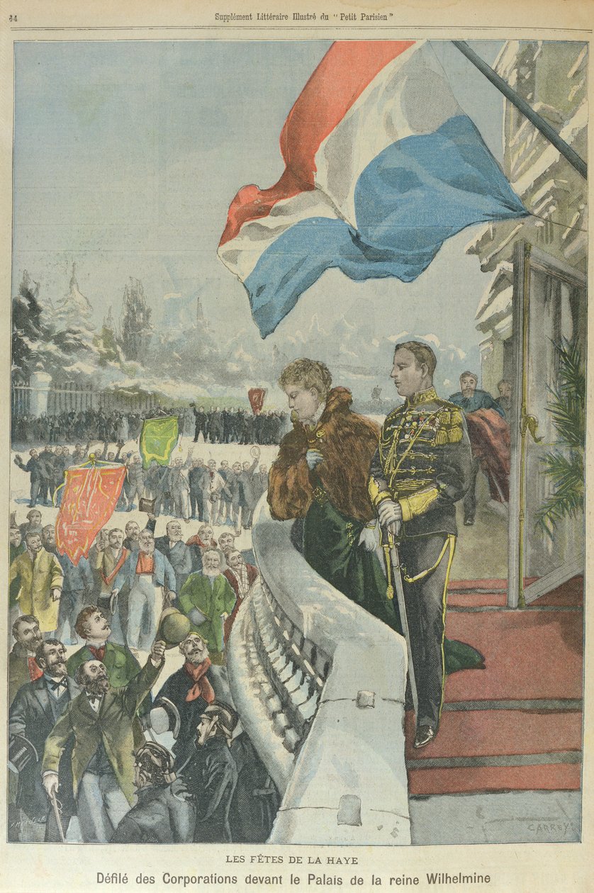 Társaságok felvonulása Hágában Wilhelmina holland királynő és Henrik mecklenburgi herceg házassága alkalmából, 1901. február (színes lithó) alkotó: Georges (after) Carrey