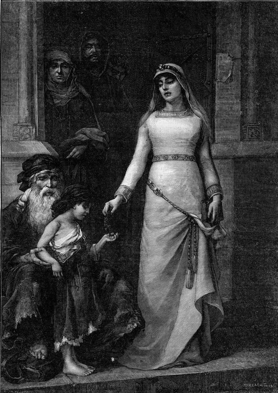 Blanche de Castille, Franciaország királynője (1188-1252), beceneve a szegények szerelme” (1879). Metszet Georges Moreau de Tours (1848-1901) festménye nyomán a „The Illustrous World” 1267. július 9-én. alkotó: Georges (after) Moreau de Tours