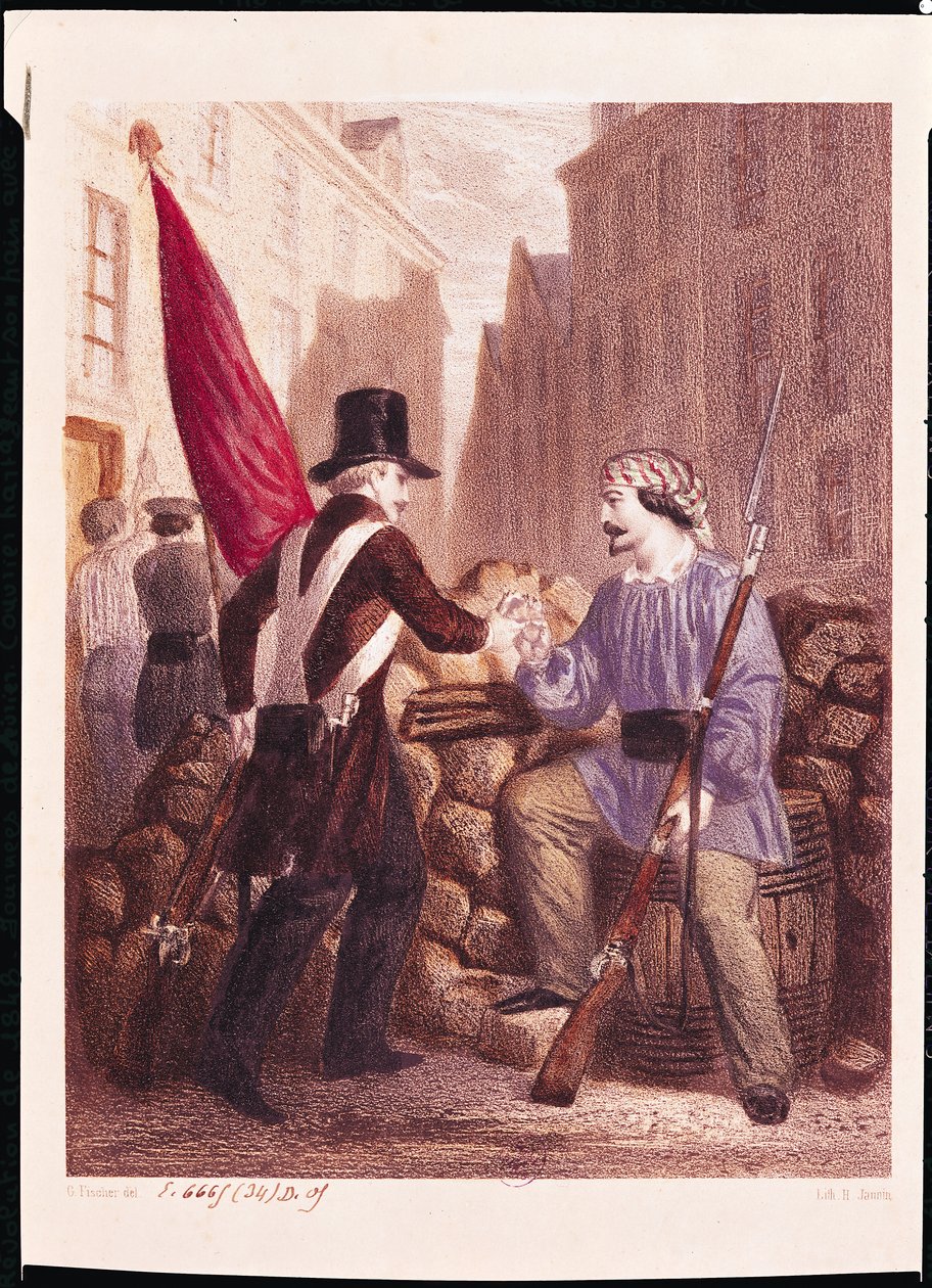 Egy munkás, aki megosztja a kenyerét egy vörös zászlót hordozó diákkal, a „Les Journees de Fevrier”-ből, H. Jannin metszet alkotó: Georges Alexandre Fischer