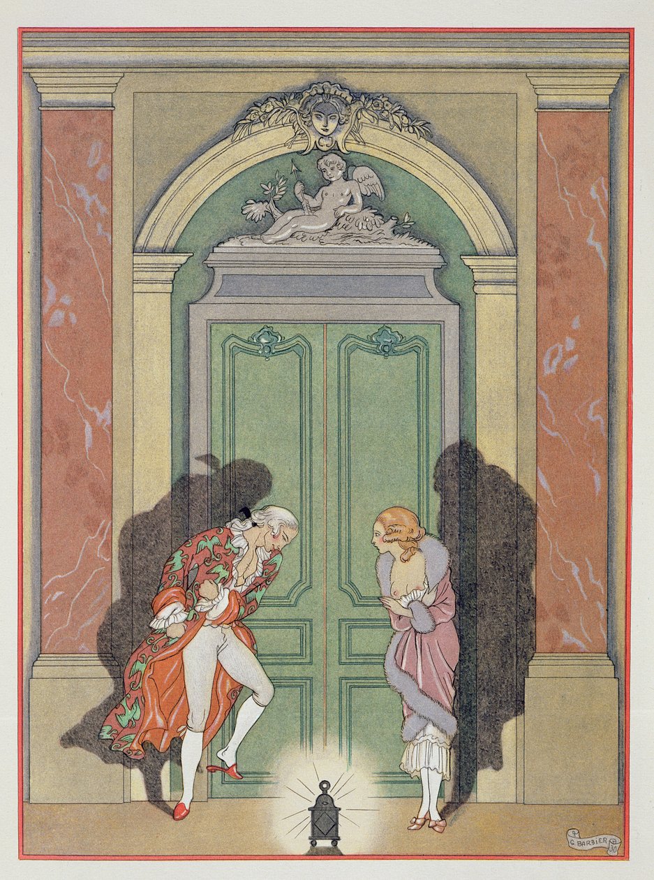 Egy pár gyertyafényben, illusztráció Pierre Chodlerlos de Laclos (1741-1803) „Les Liaisons Dangereuses” című művéből, az 1920-as években megjelent (pochoir print) alkotó: Georges Barbier