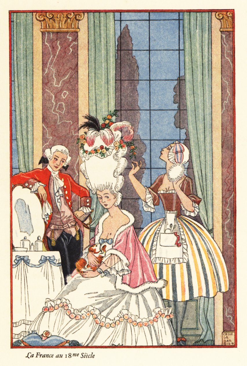 Egy nemes nő a vécéjénél a 18. századi Franciaországban. 1928 (nyomtatott) alkotó: Georges Barbier