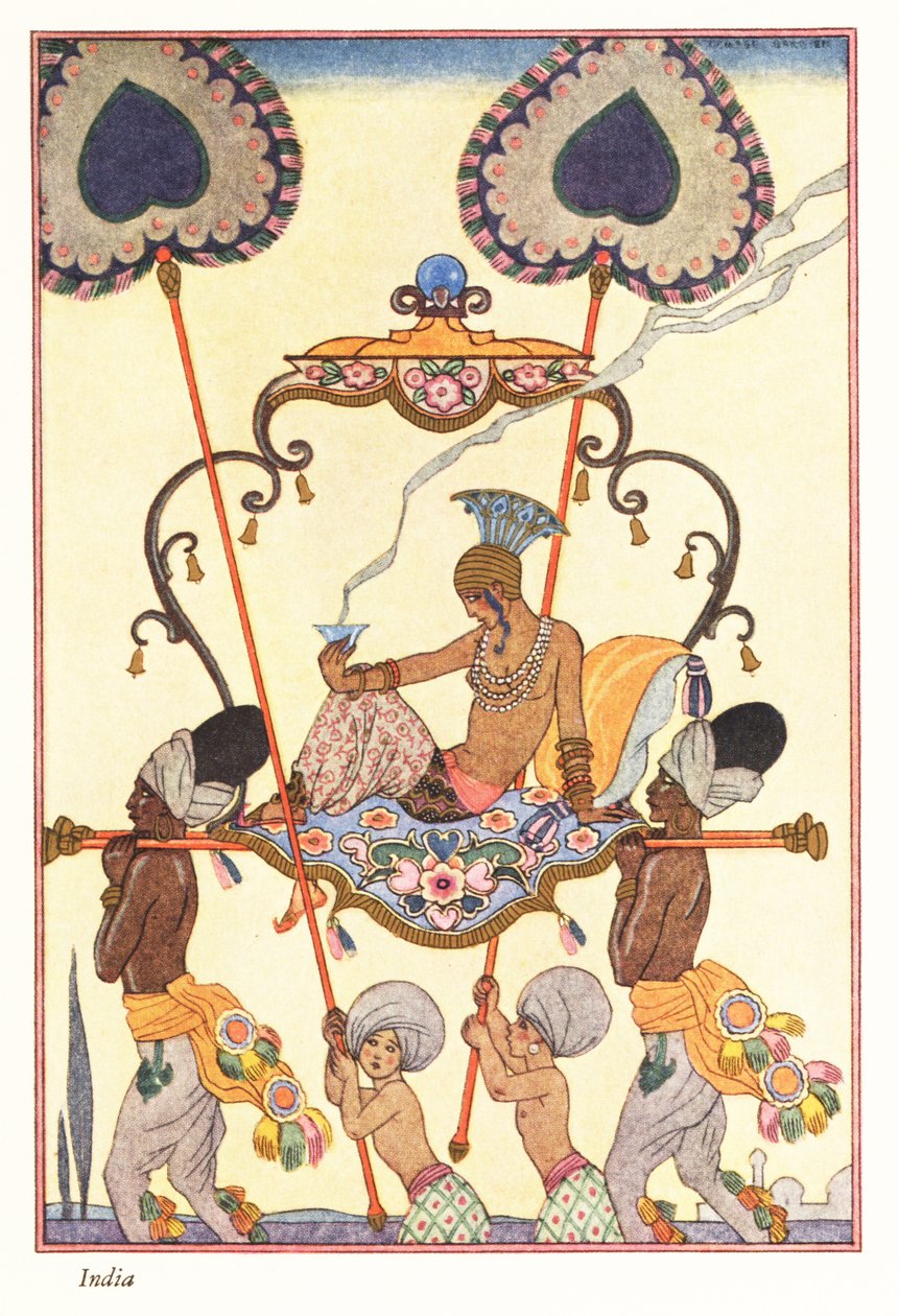 Egy nemes nő füstölőt éget egy palánkban, ókori India, 1928 (nyomtatás) alkotó: Georges Barbier