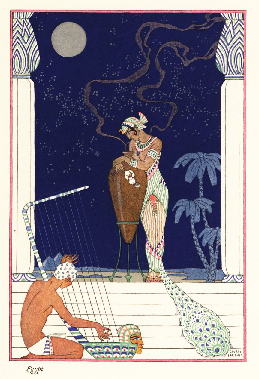 Egy királynő áll, égett illatú, ókori Egyiptom 1928 (nyomtatás) alkotó: Georges Barbier