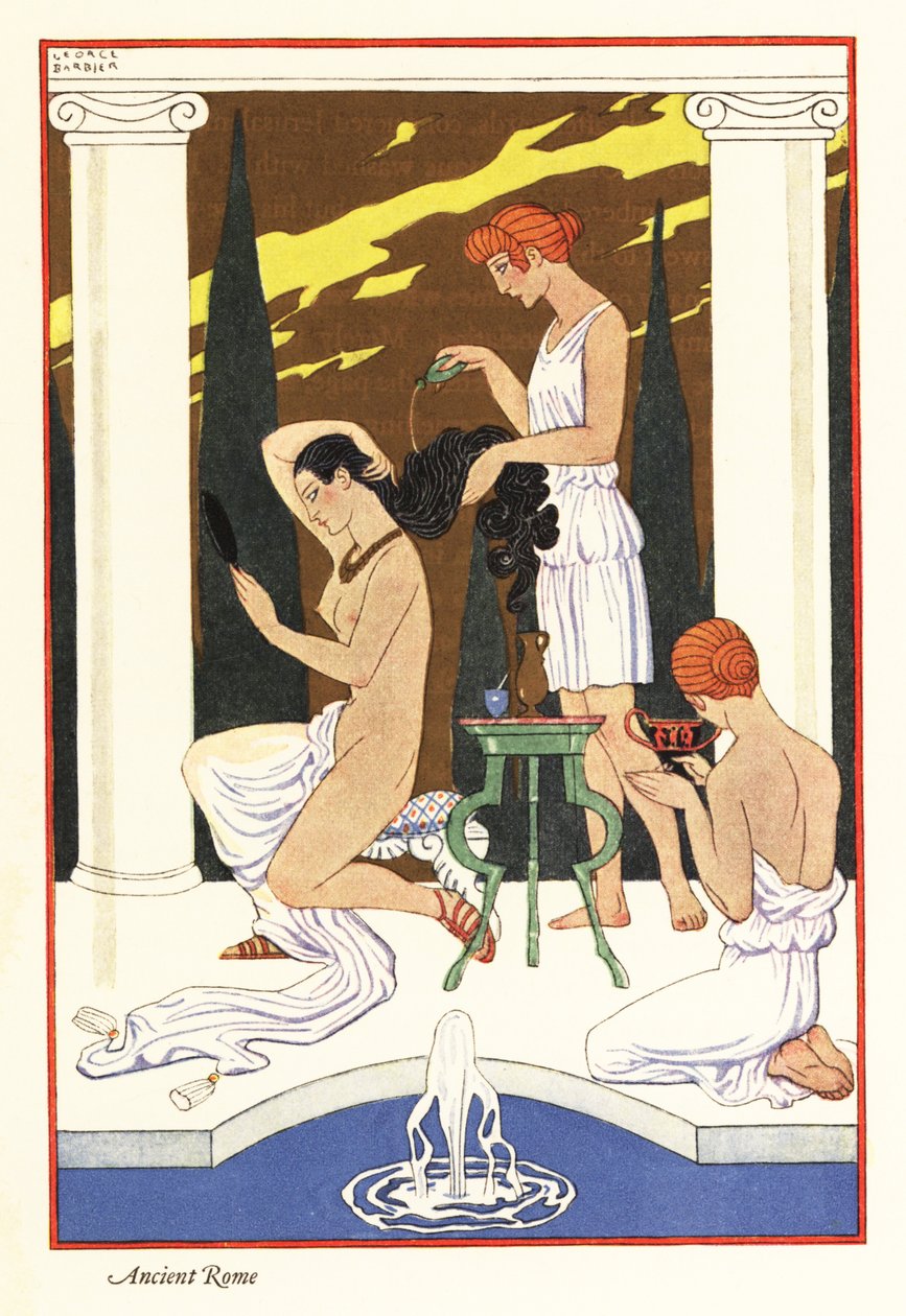 Egy rabszolga illatos olajat önt úrnője hajára, ókori Róma 1928 (nyomtatás) alkotó: Georges Barbier