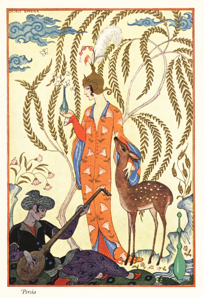Egy nő kezében egy parfümös lombik, ősi Perzsia alkotó: Georges Barbier