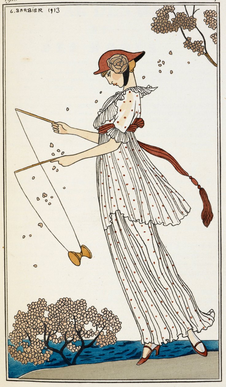 Nyomott fehér vászonruhát viselő nő egy játékkal játszik alkotó: Georges Barbier
