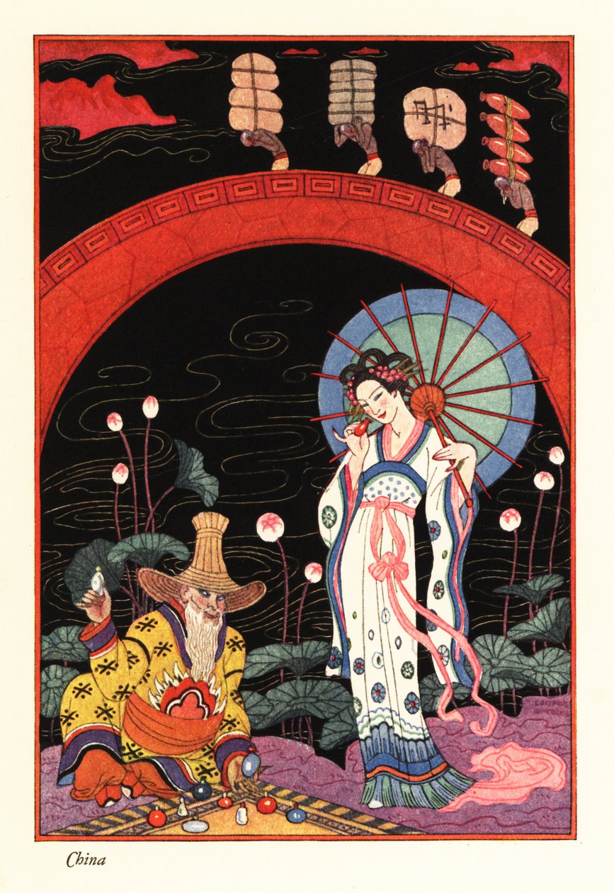 Egy fiatal nő lakkozott napernyős parfümös lombik illatával alkotó: Georges Barbier