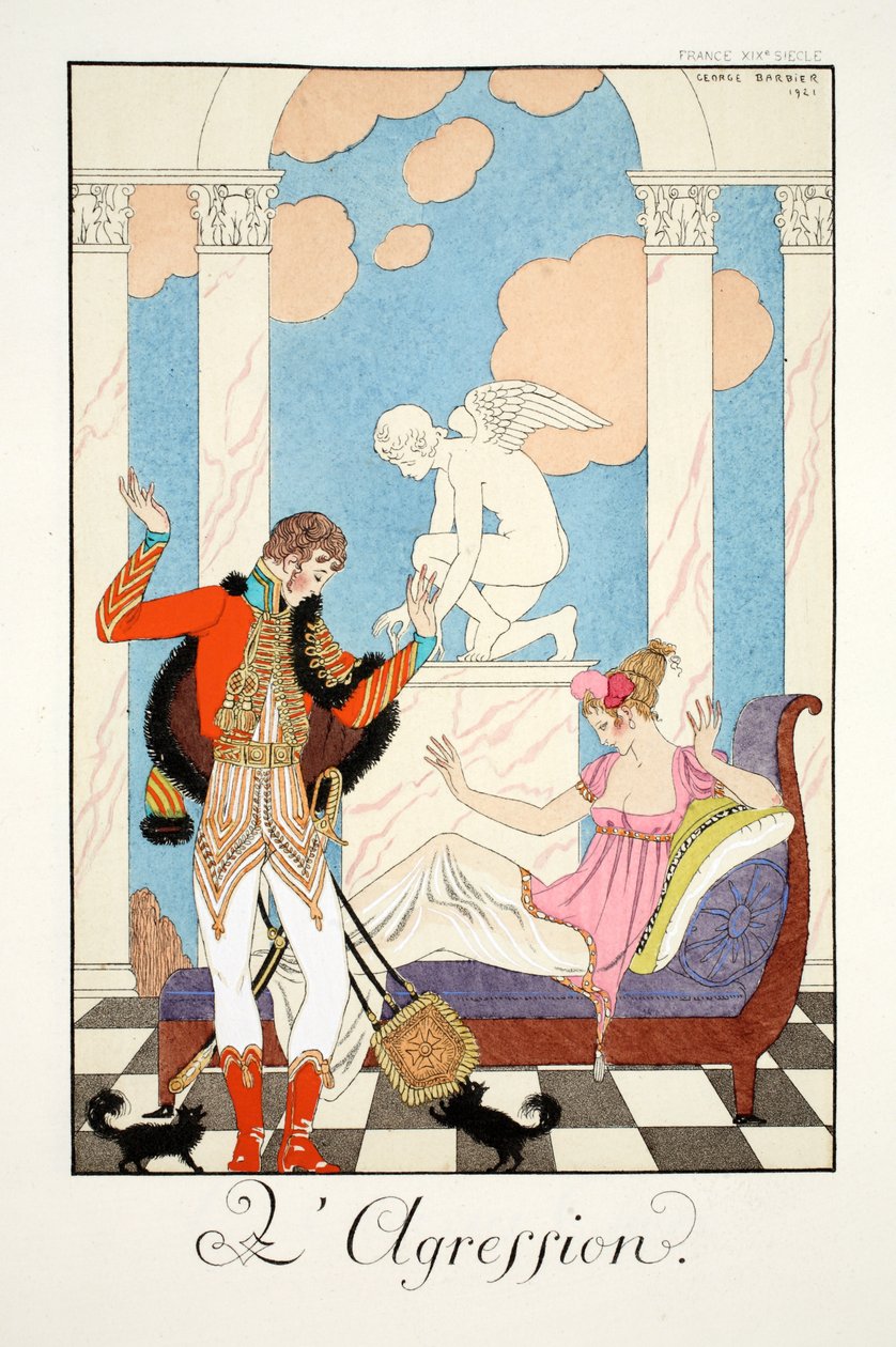 Agresszió, a „Falbalas és Fanfreluches, Jelen, Múlt és Jövő módok almanachjából” alkotó: Georges Barbier
