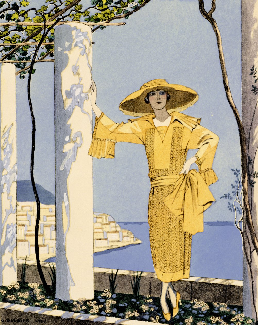 Amalfi, Worth sárga ruhás nő illusztrációja alkotó: Georges Barbier