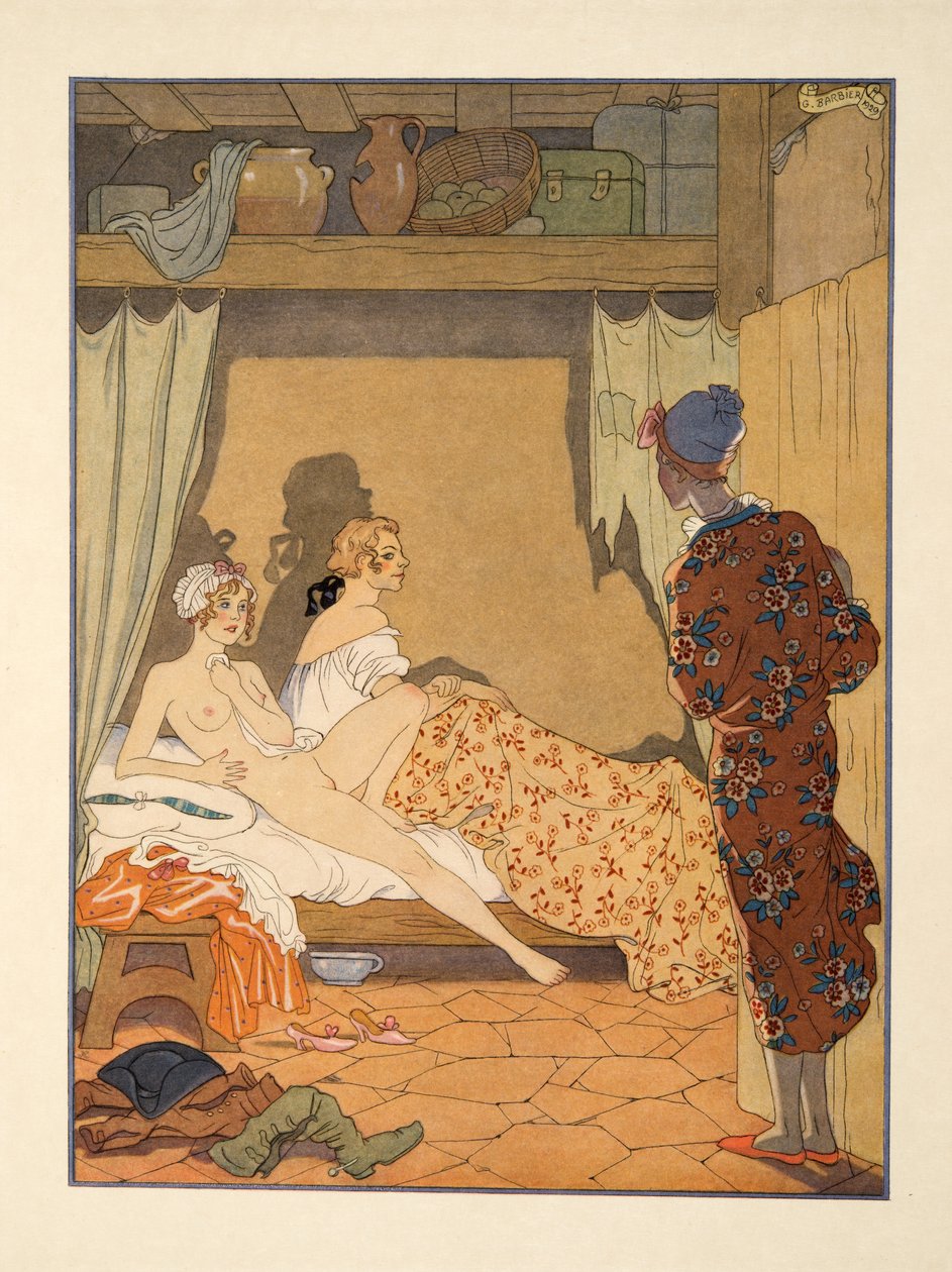 Hálószoba jelenet, Pierre Choderlos de Laclos (1741-1803) kocsma „Les Liaisons Dangereuses” című művéből. 1934 (sablonnyomat) alkotó: Georges Barbier