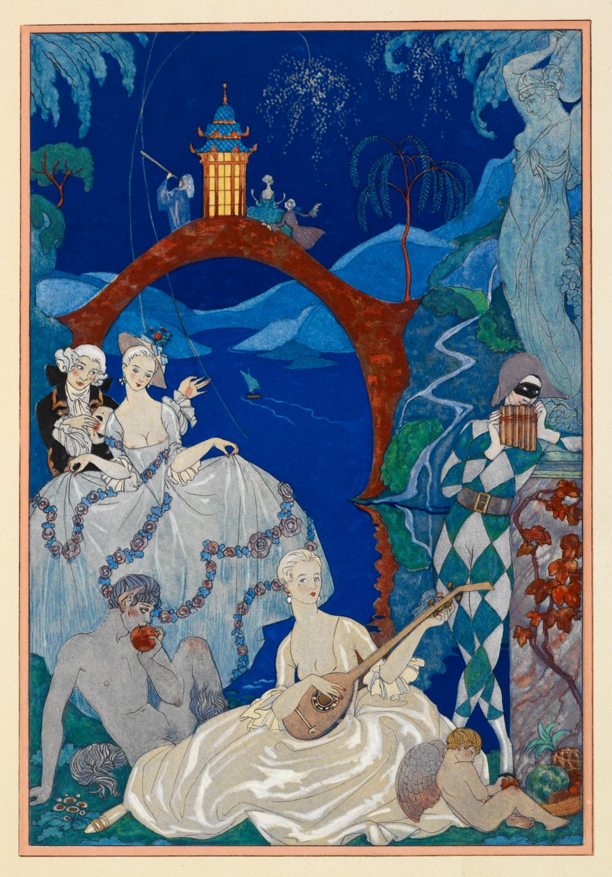 Claire de Lune. Egy gyönyörű nő mandolin játszik. Egy Faun ül mellette. Egy harlekin. Mindez egy tájban. alkotó: Georges Barbier