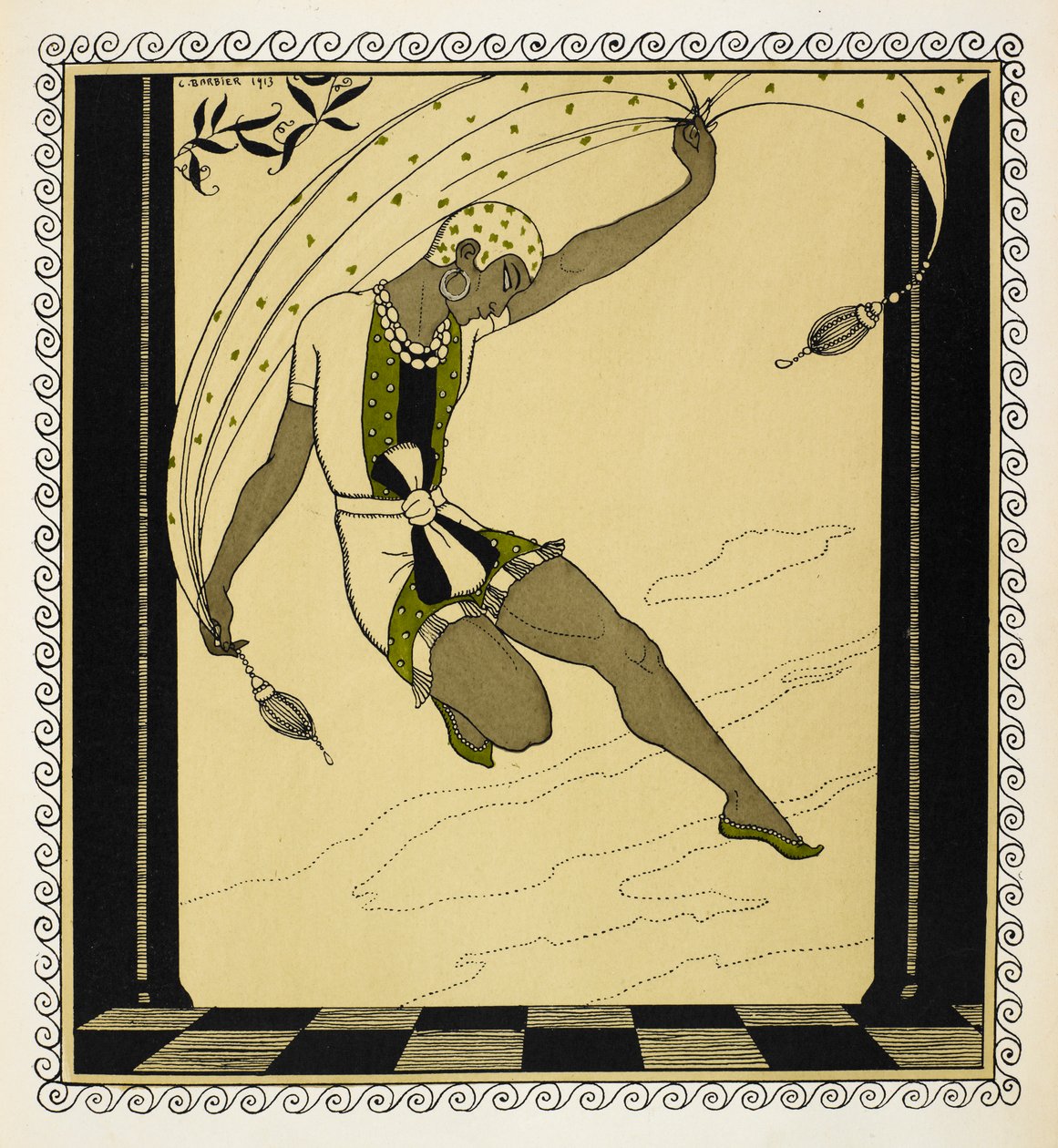 "Cleopatre". Egy táncos Anton Arensky 1909-es produkciójából, aki rövid, fehér, zöld és fekete ruhát visel, derékban megkötve, zöld cipőben és fehér mintás kalapban. alkotó: Georges Barbier