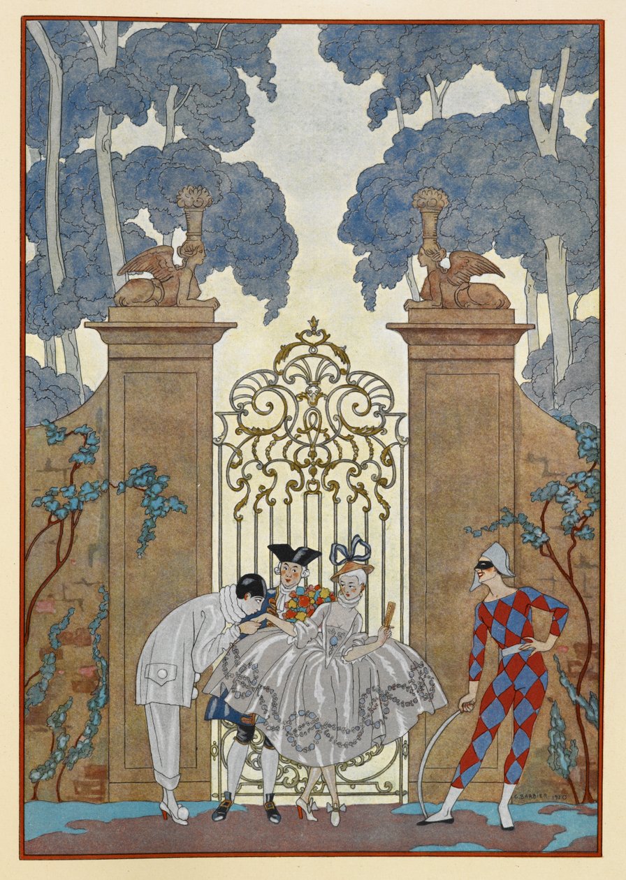 Colombine. Emberek állnak a kapu előtt. Egy Pierrot. alkotó: Georges Barbier