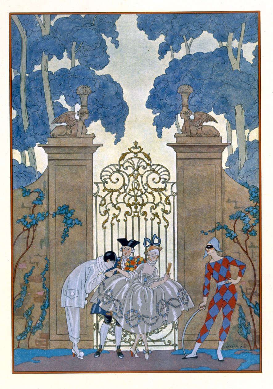 Columbine, Paul Verlaine (1844-96) „Fetes Galantes” című illusztrációja, 1928 (stencilnyomat) alkotó: Georges Barbier