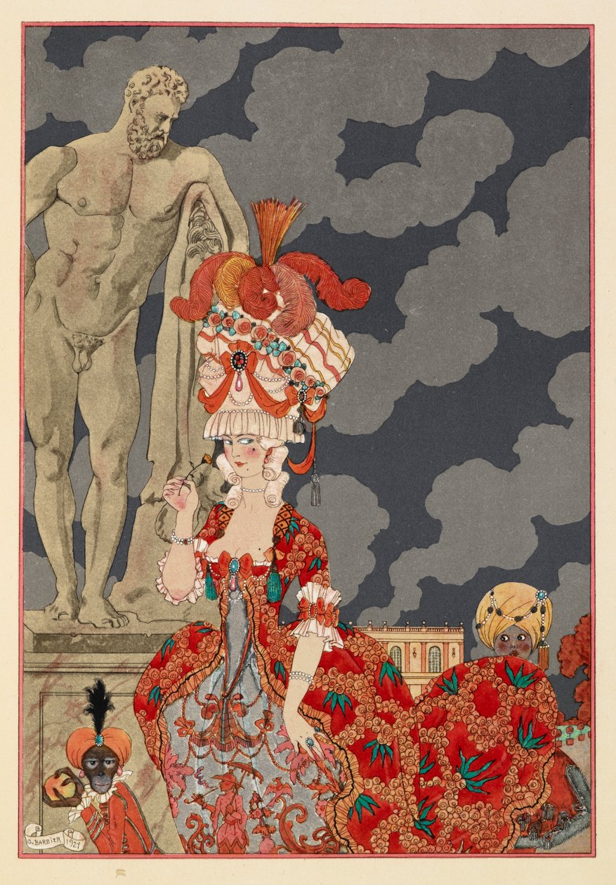 Díszkíséret. Egy vonzó nő visel piros ruhát, és kidolgozza, mit. Egy kis majom és egy fiú. alkotó: Georges Barbier