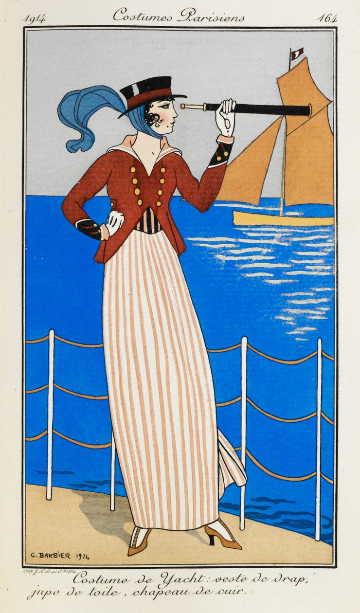 Costume de Yacht: veste de drap, jupe de toile, chapeau de cuir. Jachtjelmezt viselő nő: piros szövetkabát, csíkos vászonszoknya, bőrkalap és kék sál. Egy távcsövet használ, és a háttérben lévő csónakra mutat. Jelmezek Parisiens. alkotó: Georges Barbier