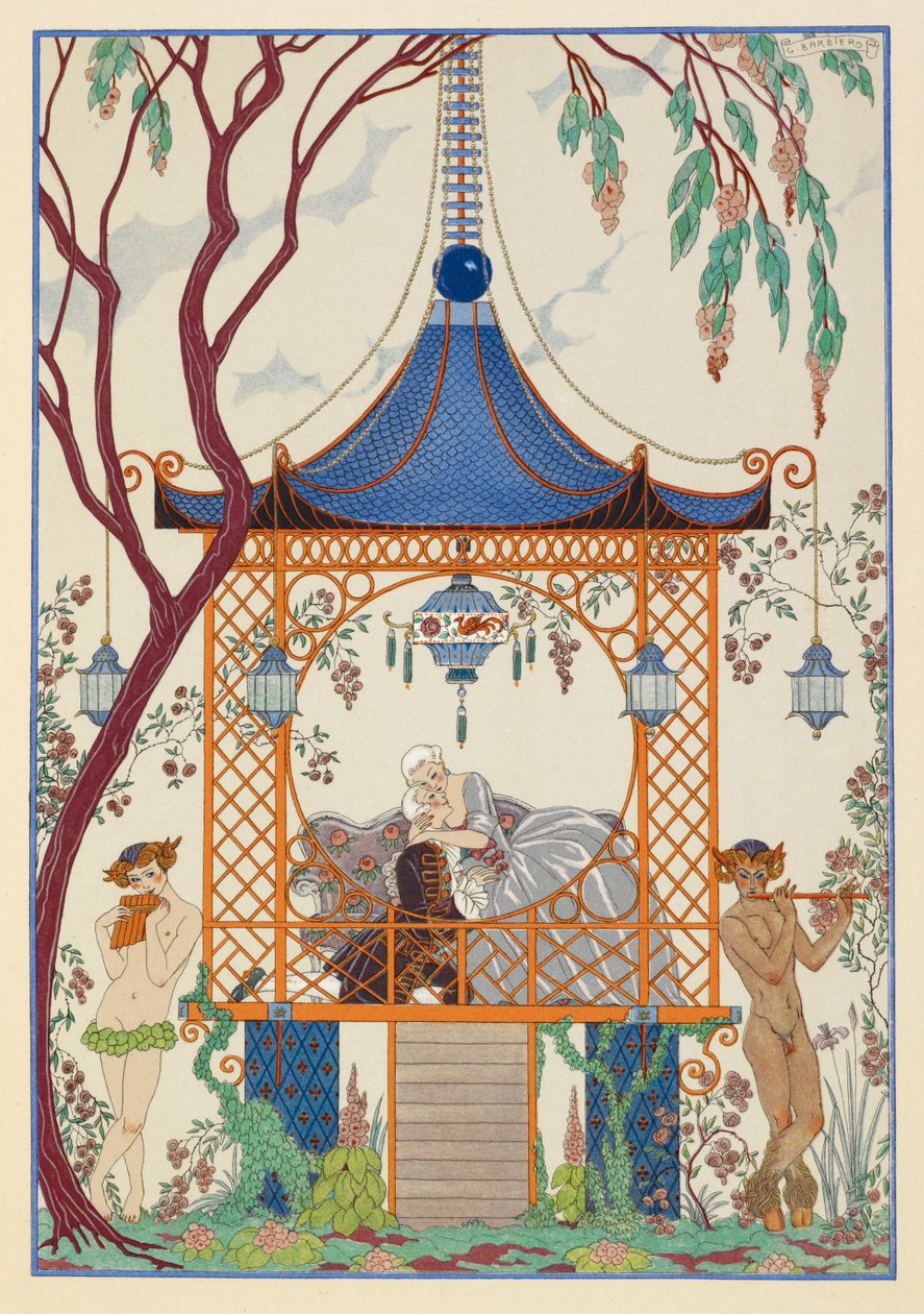 Cythère. Férfi és nő egy pavilonban, ölelkezve. Mitikus lények kint, pipázik. alkotó: Georges Barbier