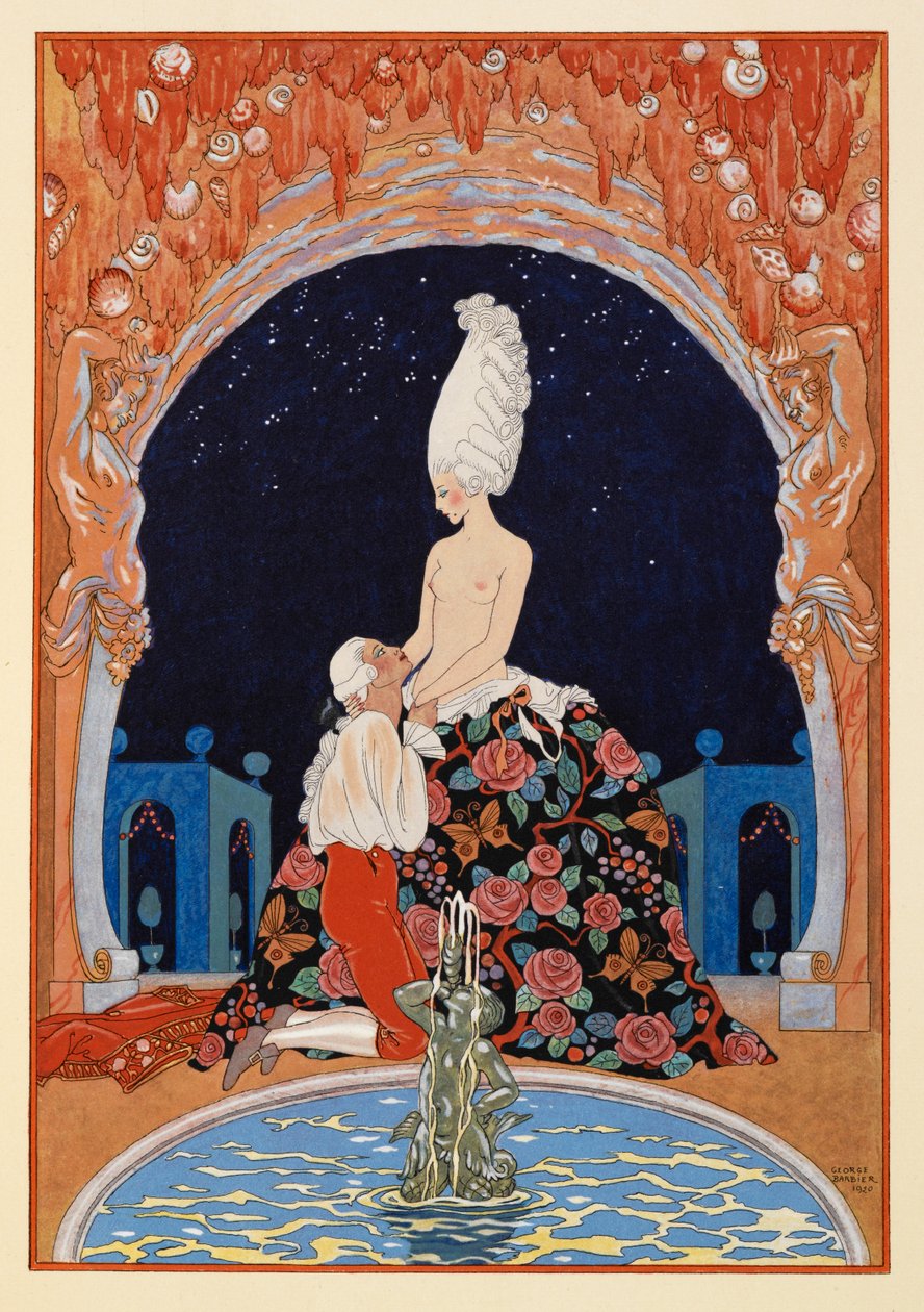 Dans la Grotte. Egy férfi térdel egy félmeztelen nő előtt, egy szökőkútnál. alkotó: Georges Barbier