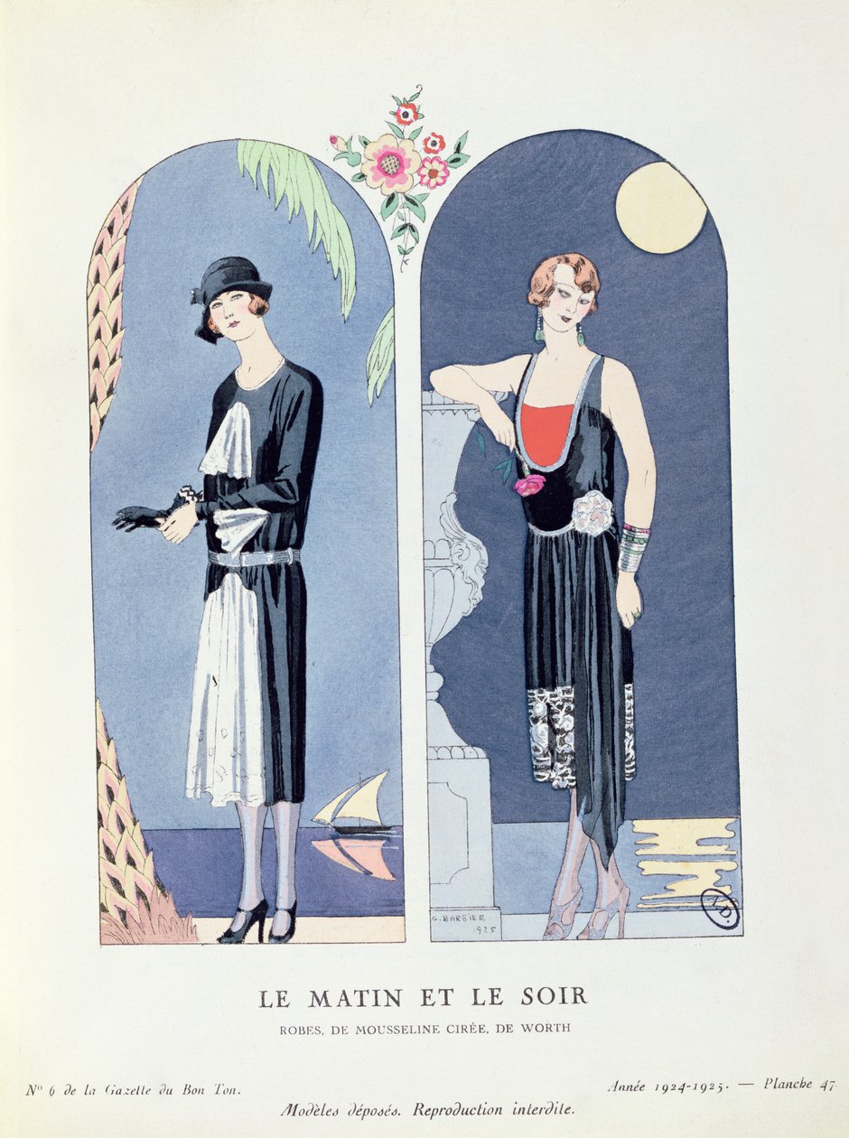 Éjjel-nappal, a „La Gazette du Bon Ton” 47-es táblája nappali és estélyi ruhákat ábrázol alkotó: Georges Barbier