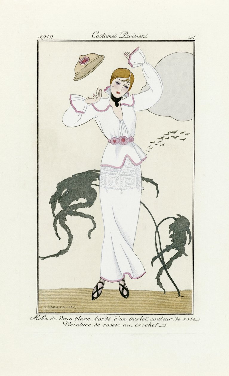 Tervezés fehér ruhához rózsaszín díszítéssel és horgolt övvel, a Costumes Parisientől, 1912. évi pub. (pochoir print) alkotó: Georges Barbier