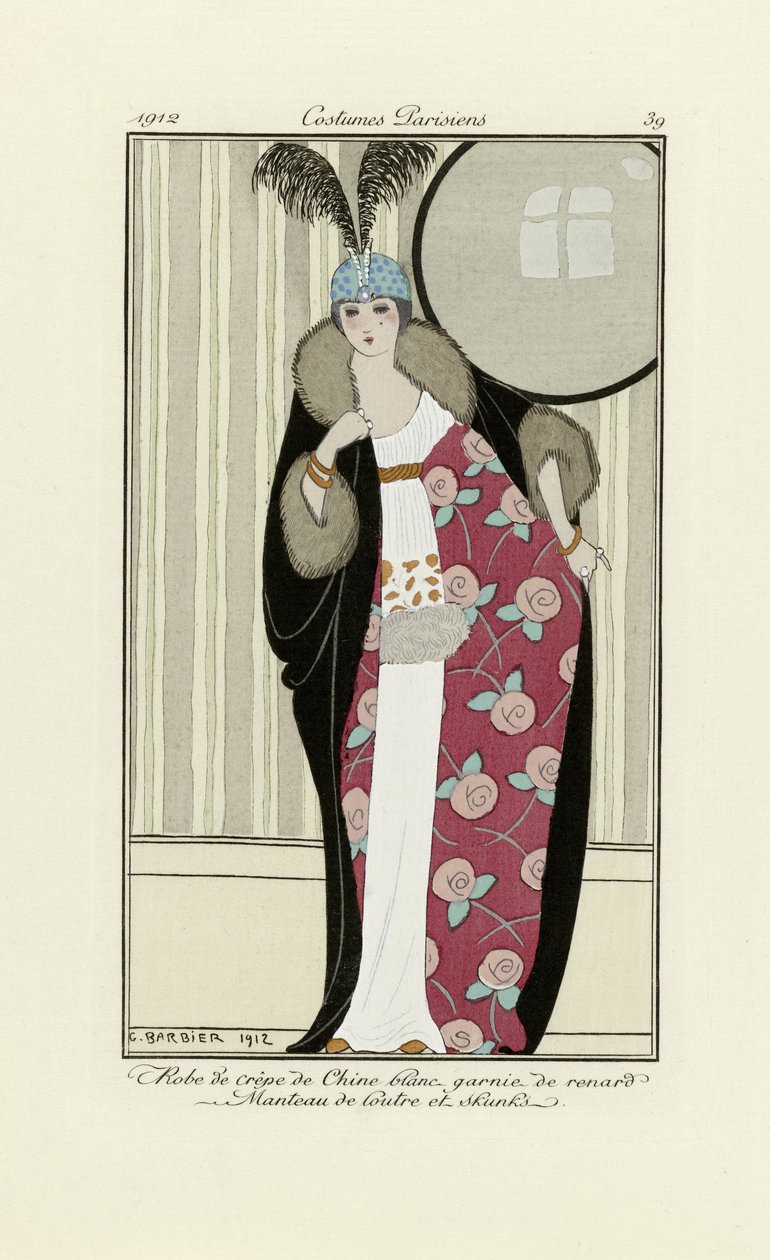 Crepe de Chine-ból és szőrmeből készült ruha dizájnja, Costumes Parisien, pub.1912 (pochoir print) alkotó: Georges Barbier