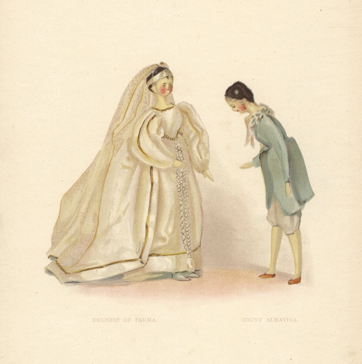 A pármai hercegnő és Almaviva gróf babái A sevillai borbélyból, a fiatal Viktória hercegnő öltöztette. Színes tábla Alan Wright illusztrációja után, Frances H. Low: Queen Victoria