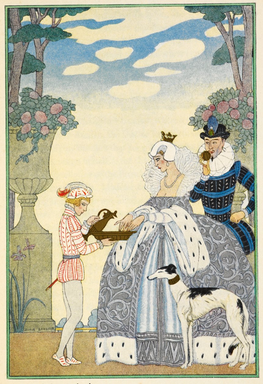 Erzsébet korabeli Anglia. Hölgy és úr, és szolgáló. Egy agár. alkotó: Georges Barbier