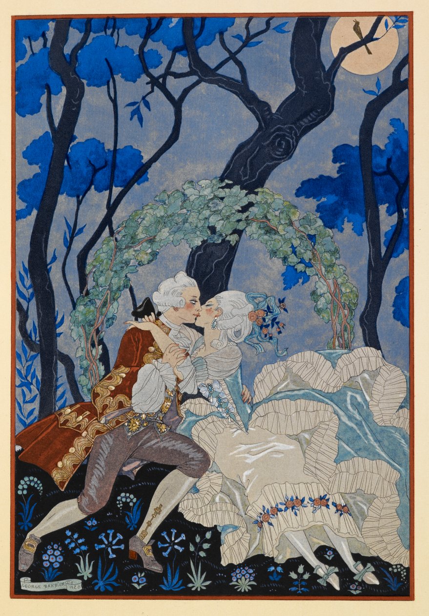 En Sourdine. Egy férfi és egy nő csókolózik a holdfényben. alkotó: Georges Barbier