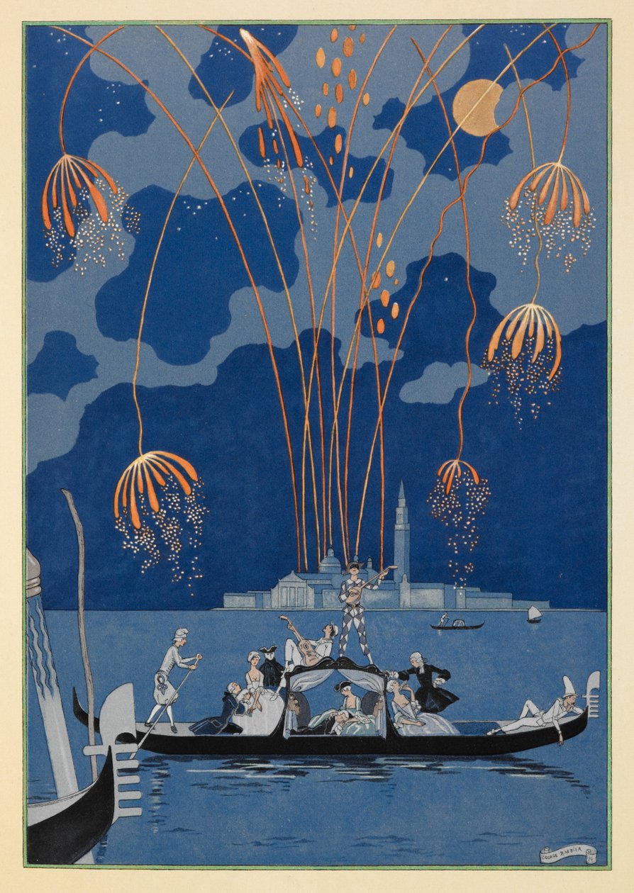 En bateau. Tűzijáték Velencében. Emberek a gondolában. alkotó: Georges Barbier