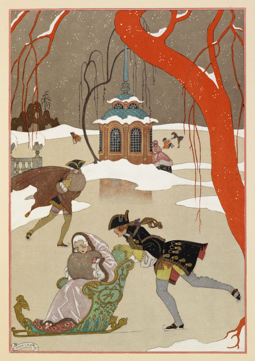"En patinant". Emberek korcsolyáznak. Egy nő szánkóban ül. alkotó: Georges Barbier