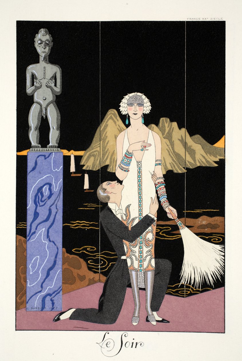 Este a „Falbalas és Fanfreluches, Jelen, Múlt és Jövő módok almanachjából” alkotó: Georges Barbier