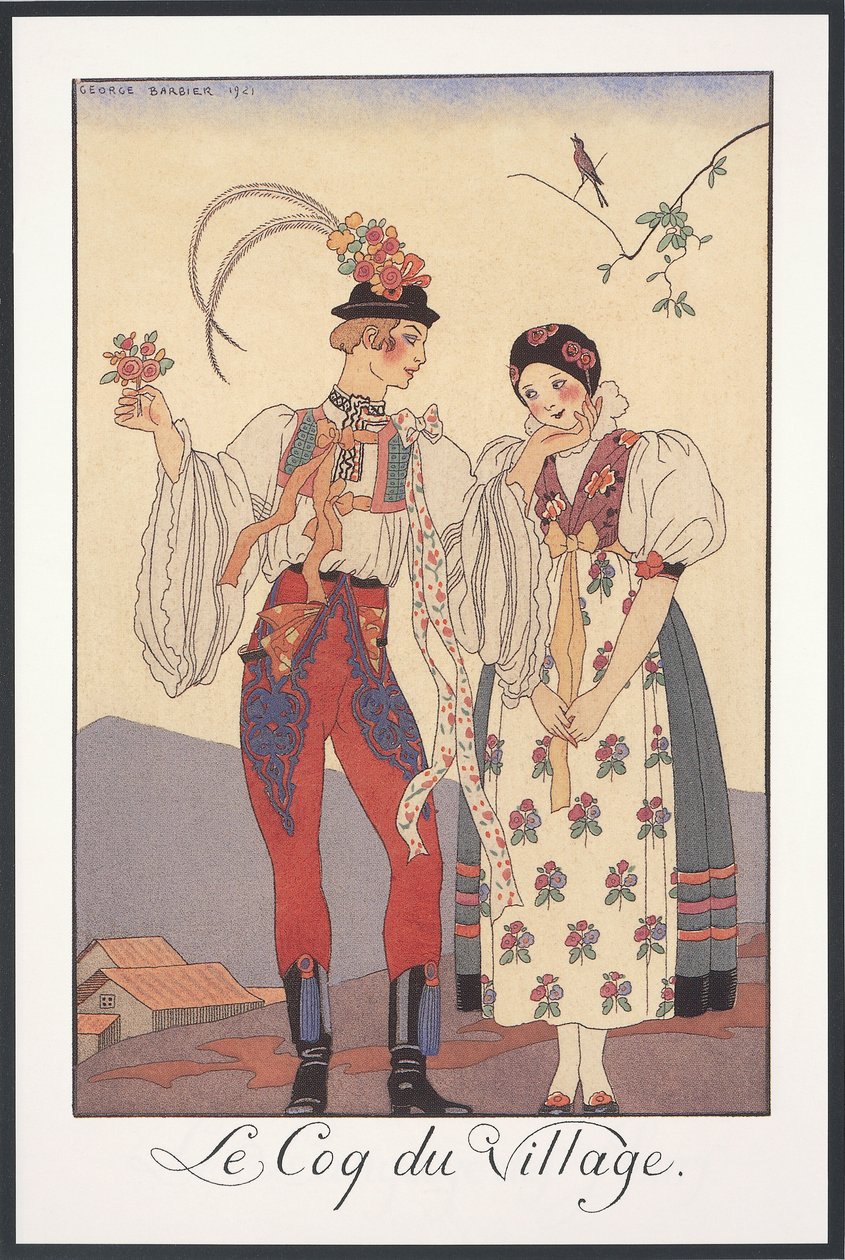 Falbalas és Fanfreluches, Almanach 1922-re, Le coq du village, George Barbier, nyomtatás alkotó: Georges Barbier