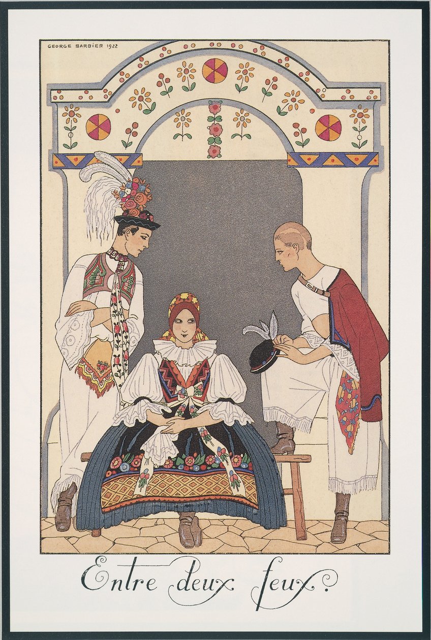 Falbalas és Fanfreluches, Almanach 1923-hoz, Két tűz között, George Barbier, nyomtatás alkotó: Georges Barbier